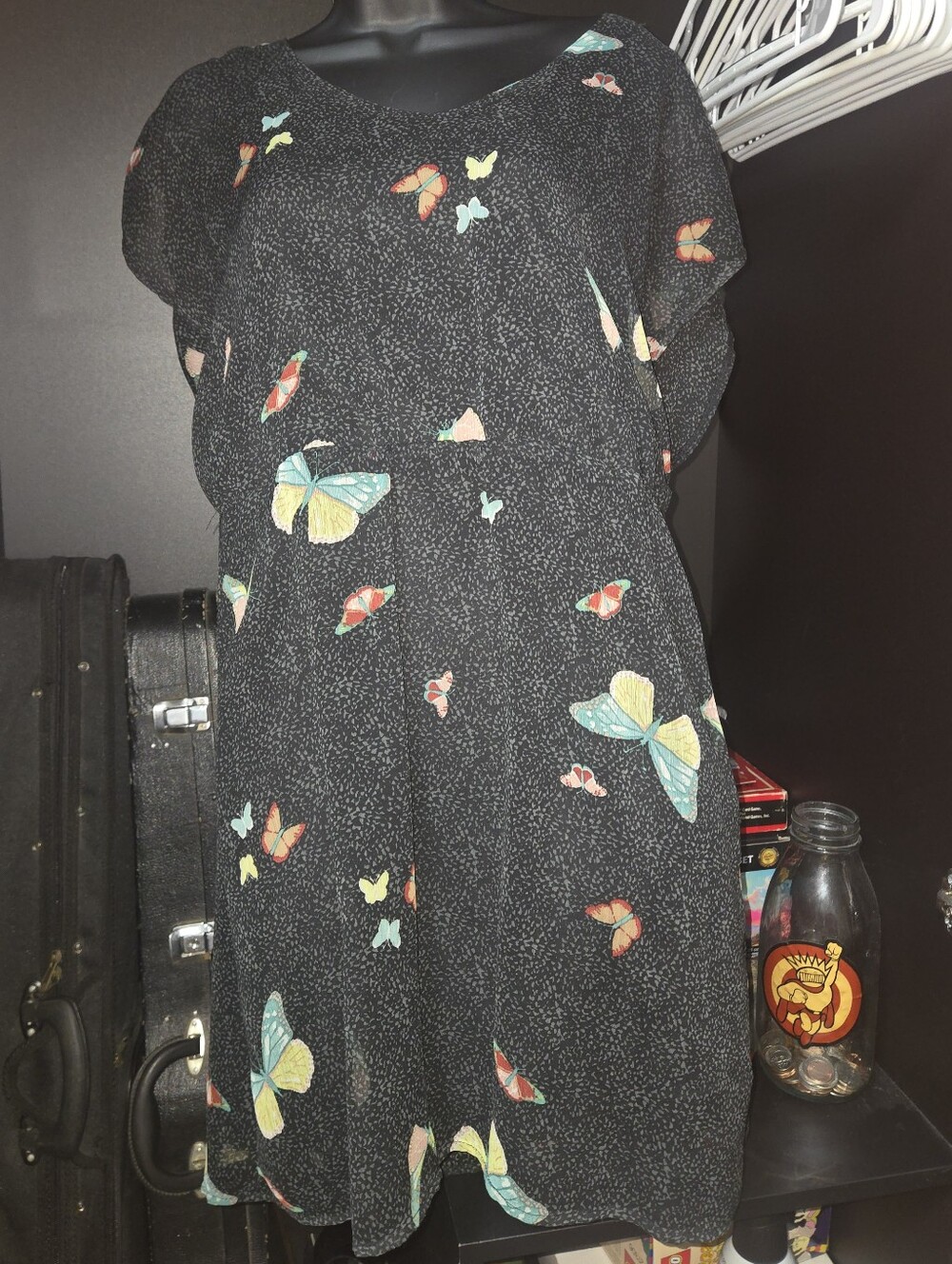 American Rag Butterfly Print Mini Dress Black Scoop Neck Elastic Waist Small